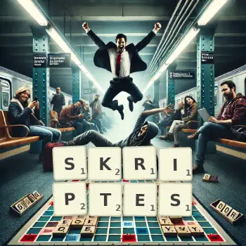 Kreative Illustration für ein Scrabble-Spiel, bei dem das Wort SKRIPTES mit Steinen auf dem Brett gelegt wurde.