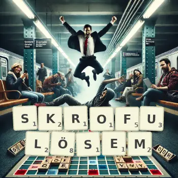 Kreative Illustration für ein Scrabble-Spiel, bei dem das Wort SKROFULÖSEM mit Steinen auf dem Brett gelegt wurde.
