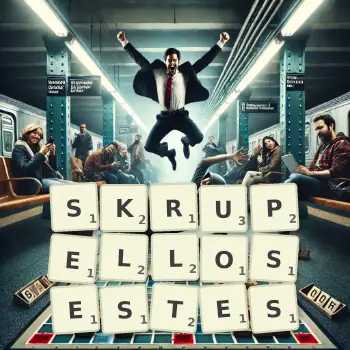 Kreative Illustration für ein Scrabble-Spiel, bei dem das Wort SKRUPELLOSESTES mit Steinen auf dem Brett gelegt wurde.