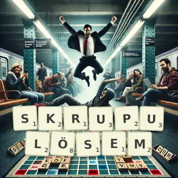 Kreative Illustration für ein Scrabble-Spiel, bei dem das Wort SKRUPULÖSEM mit Steinen auf dem Brett gelegt wurde.