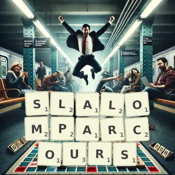 Kreative Illustration für ein Scrabble-Spiel, bei dem das Wort SLALOMPARCOURS mit Steinen auf dem Brett gelegt wurde.