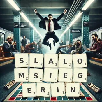 Kreative Illustration für ein Scrabble-Spiel, bei dem das Wort SLALOMSIEGERIN mit Steinen auf dem Brett gelegt wurde.