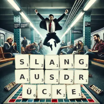 Kreative Illustration für ein Scrabble-Spiel, bei dem das Wort SLANGAUSDRÜCKE mit Steinen auf dem Brett gelegt wurde.