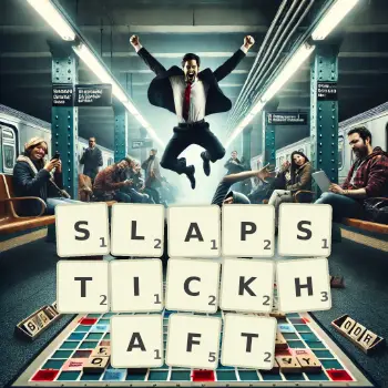 Kreative Illustration für ein Scrabble-Spiel, bei dem das Wort SLAPSTICKHAFT mit Steinen auf dem Brett gelegt wurde.