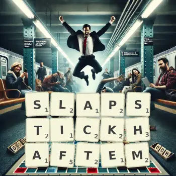 Kreative Illustration für ein Scrabble-Spiel, bei dem das Wort SLAPSTICKHAFTEM mit Steinen auf dem Brett gelegt wurde.