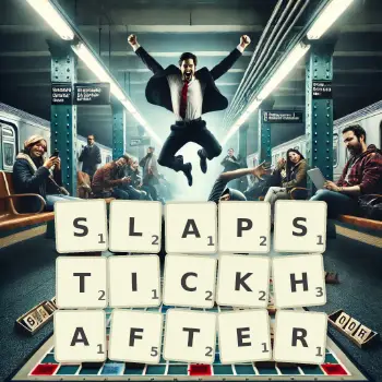Kreative Illustration für ein Scrabble-Spiel, bei dem das Wort SLAPSTICKHAFTER mit Steinen auf dem Brett gelegt wurde.