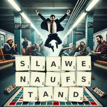 Kreative Illustration für ein Scrabble-Spiel, bei dem das Wort SLAWENAUFSTAND mit Steinen auf dem Brett gelegt wurde.