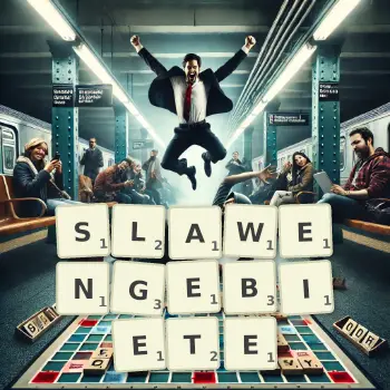 Kreative Illustration für ein Scrabble-Spiel, bei dem das Wort SLAWENGEBIETE mit Steinen auf dem Brett gelegt wurde.