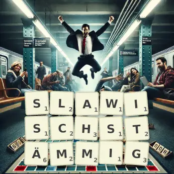 Kreative Illustration für ein Scrabble-Spiel, bei dem das Wort SLAWISCHSTÄMMIG mit Steinen auf dem Brett gelegt wurde.