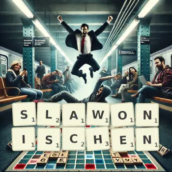 Kreative Illustration für ein Scrabble-Spiel, bei dem das Wort SLAWONISCHEN mit Steinen auf dem Brett gelegt wurde.