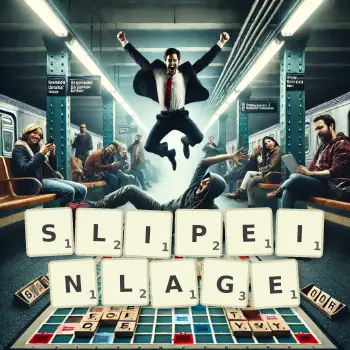 Kreative Illustration für ein Scrabble-Spiel, bei dem das Wort SLIPEINLAGE mit Steinen auf dem Brett gelegt wurde.