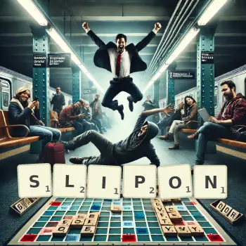 Kreative Illustration für ein Scrabble-Spiel, bei dem das Wort SLIPON mit Steinen auf dem Brett gelegt wurde.