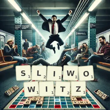 Kreative Illustration für ein Scrabble-Spiel, bei dem das Wort SLIWOWITZ mit Steinen auf dem Brett gelegt wurde.