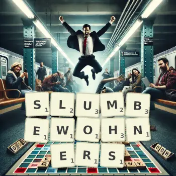 Kreative Illustration für ein Scrabble-Spiel, bei dem das Wort SLUMBEWOHNERS mit Steinen auf dem Brett gelegt wurde.