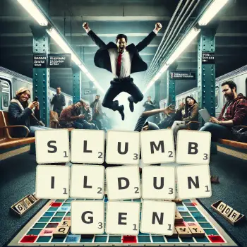 Kreative Illustration für ein Scrabble-Spiel, bei dem das Wort SLUMBILDUNGEN mit Steinen auf dem Brett gelegt wurde.
