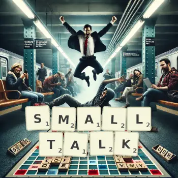 Kreative Illustration für ein Scrabble-Spiel, bei dem das Wort SMALLTALK mit Steinen auf dem Brett gelegt wurde.