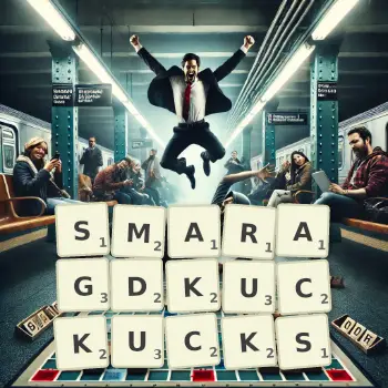 Kreative Illustration für ein Scrabble-Spiel, bei dem das Wort SMARAGDKUCKUCKS mit Steinen auf dem Brett gelegt wurde.