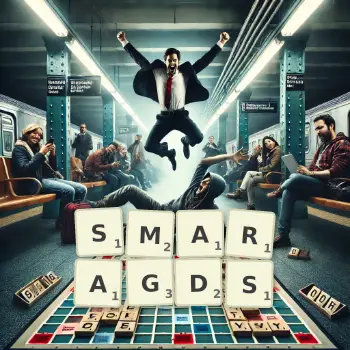 Kreative Illustration für ein Scrabble-Spiel, bei dem das Wort SMARAGDS mit Steinen auf dem Brett gelegt wurde.