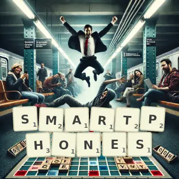 Kreative Illustration für ein Scrabble-Spiel, bei dem das Wort SMARTPHONES mit Steinen auf dem Brett gelegt wurde.