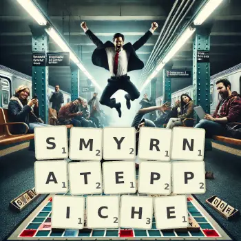 Kreative Illustration für ein Scrabble-Spiel, bei dem das Wort SMYRNATEPPICHE mit Steinen auf dem Brett gelegt wurde.