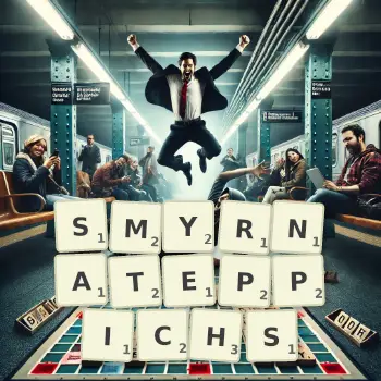 Kreative Illustration für ein Scrabble-Spiel, bei dem das Wort SMYRNATEPPICHS mit Steinen auf dem Brett gelegt wurde.