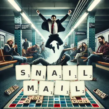 Kreative Illustration für ein Scrabble-Spiel, bei dem das Wort SNAILMAIL mit Steinen auf dem Brett gelegt wurde.