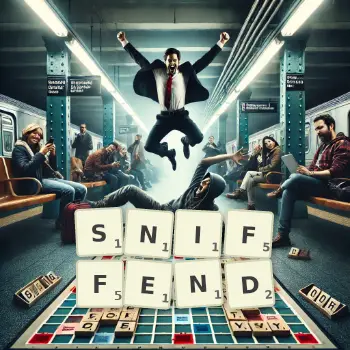 Kreative Illustration für ein Scrabble-Spiel, bei dem das Wort SNIFFEND mit Steinen auf dem Brett gelegt wurde.