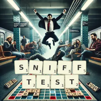 Kreative Illustration für ein Scrabble-Spiel, bei dem das Wort SNIFFTEST mit Steinen auf dem Brett gelegt wurde.