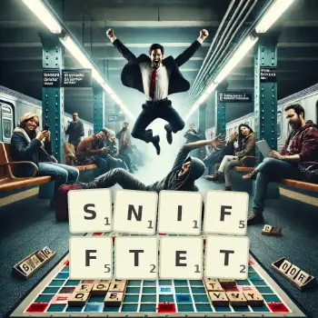 Kreative Illustration für ein Scrabble-Spiel, bei dem das Wort SNIFFTET mit Steinen auf dem Brett gelegt wurde.