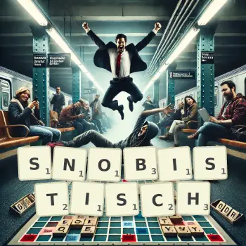 Kreative Illustration für ein Scrabble-Spiel, bei dem das Wort SNOBISTISCH mit Steinen auf dem Brett gelegt wurde.