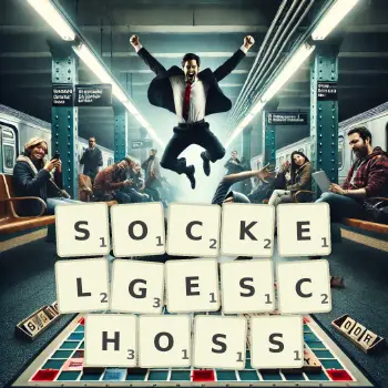 Kreative Illustration für ein Scrabble-Spiel, bei dem das Wort SOCKELGESCHOSS mit Steinen auf dem Brett gelegt wurde.