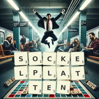Kreative Illustration für ein Scrabble-Spiel, bei dem das Wort SOCKELPLATTEN mit Steinen auf dem Brett gelegt wurde.