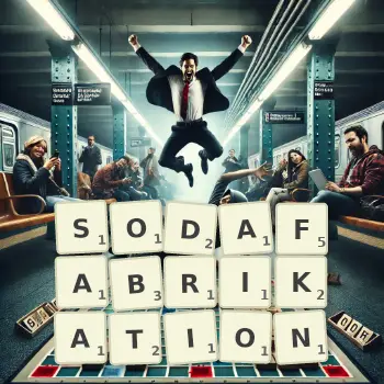 Kreative Illustration für ein Scrabble-Spiel, bei dem das Wort SODAFABRIKATION mit Steinen auf dem Brett gelegt wurde.