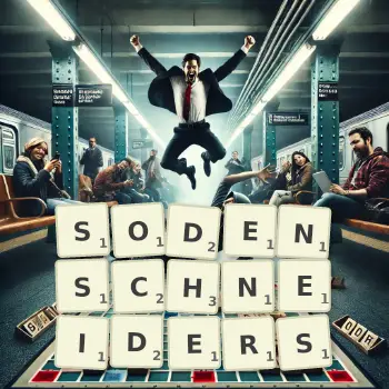 Kreative Illustration für ein Scrabble-Spiel, bei dem das Wort SODENSCHNEIDERS mit Steinen auf dem Brett gelegt wurde.