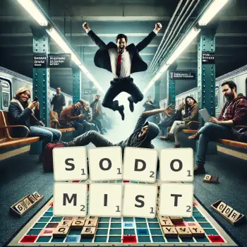 Kreative Illustration für ein Scrabble-Spiel, bei dem das Wort SODOMIST mit Steinen auf dem Brett gelegt wurde.