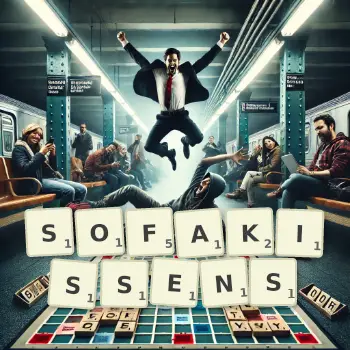 Kreative Illustration für ein Scrabble-Spiel, bei dem das Wort SOFAKISSENS mit Steinen auf dem Brett gelegt wurde.