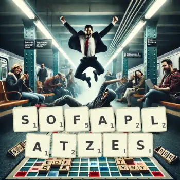 Kreative Illustration für ein Scrabble-Spiel, bei dem das Wort SOFAPLATZES mit Steinen auf dem Brett gelegt wurde.