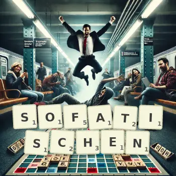 Kreative Illustration für ein Scrabble-Spiel, bei dem das Wort SOFATISCHEN mit Steinen auf dem Brett gelegt wurde.