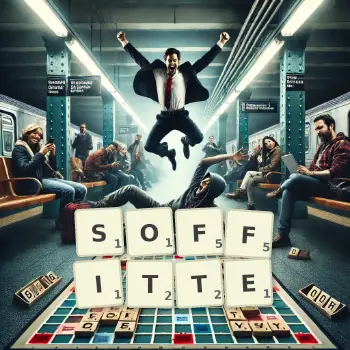 Kreative Illustration für ein Scrabble-Spiel, bei dem das Wort SOFFITTE mit Steinen auf dem Brett gelegt wurde.