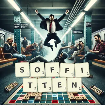 Kreative Illustration für ein Scrabble-Spiel, bei dem das Wort SOFFITTEN mit Steinen auf dem Brett gelegt wurde.