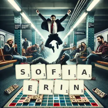 Kreative Illustration für ein Scrabble-Spiel, bei dem das Wort SOFIAERIN mit Steinen auf dem Brett gelegt wurde.