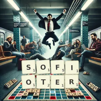 Kreative Illustration für ein Scrabble-Spiel, bei dem das Wort SOFIOTER mit Steinen auf dem Brett gelegt wurde.