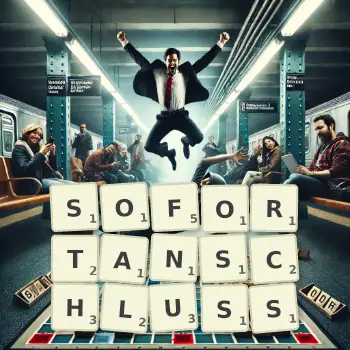 Kreative Illustration für ein Scrabble-Spiel, bei dem das Wort SOFORTANSCHLUSS mit Steinen auf dem Brett gelegt wurde.