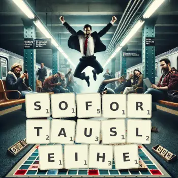 Kreative Illustration für ein Scrabble-Spiel, bei dem das Wort SOFORTAUSLEIHE mit Steinen auf dem Brett gelegt wurde.