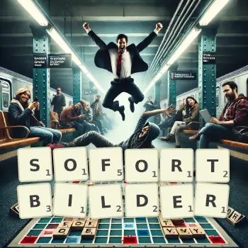 Kreative Illustration für ein Scrabble-Spiel, bei dem das Wort SOFORTBILDER mit Steinen auf dem Brett gelegt wurde.