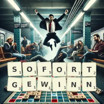 Kreative Illustration für ein Scrabble-Spiel, bei dem das Wort SOFORTGEWINN mit Steinen auf dem Brett gelegt wurde.