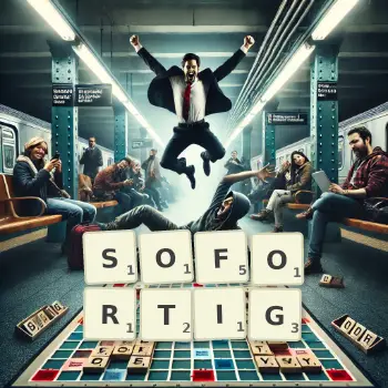 Kreative Illustration für ein Scrabble-Spiel, bei dem das Wort SOFORTIG mit Steinen auf dem Brett gelegt wurde.