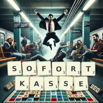 Kreative Illustration für ein Scrabble-Spiel, bei dem das Wort SOFORTKASSE mit Steinen auf dem Brett gelegt wurde.