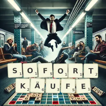 Kreative Illustration für ein Scrabble-Spiel, bei dem das Wort SOFORTKÄUFE mit Steinen auf dem Brett gelegt wurde.
