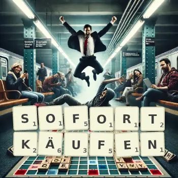 Kreative Illustration für ein Scrabble-Spiel, bei dem das Wort SOFORTKÄUFEN mit Steinen auf dem Brett gelegt wurde.
